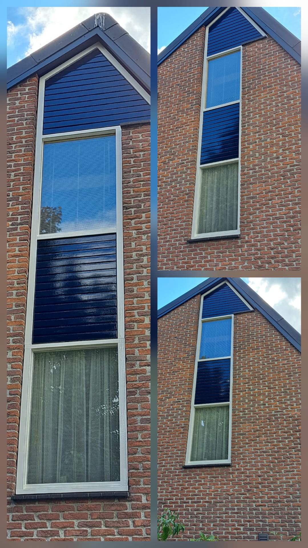 Topgevel met hoog raam en blauwe betimmering, drie foto’s