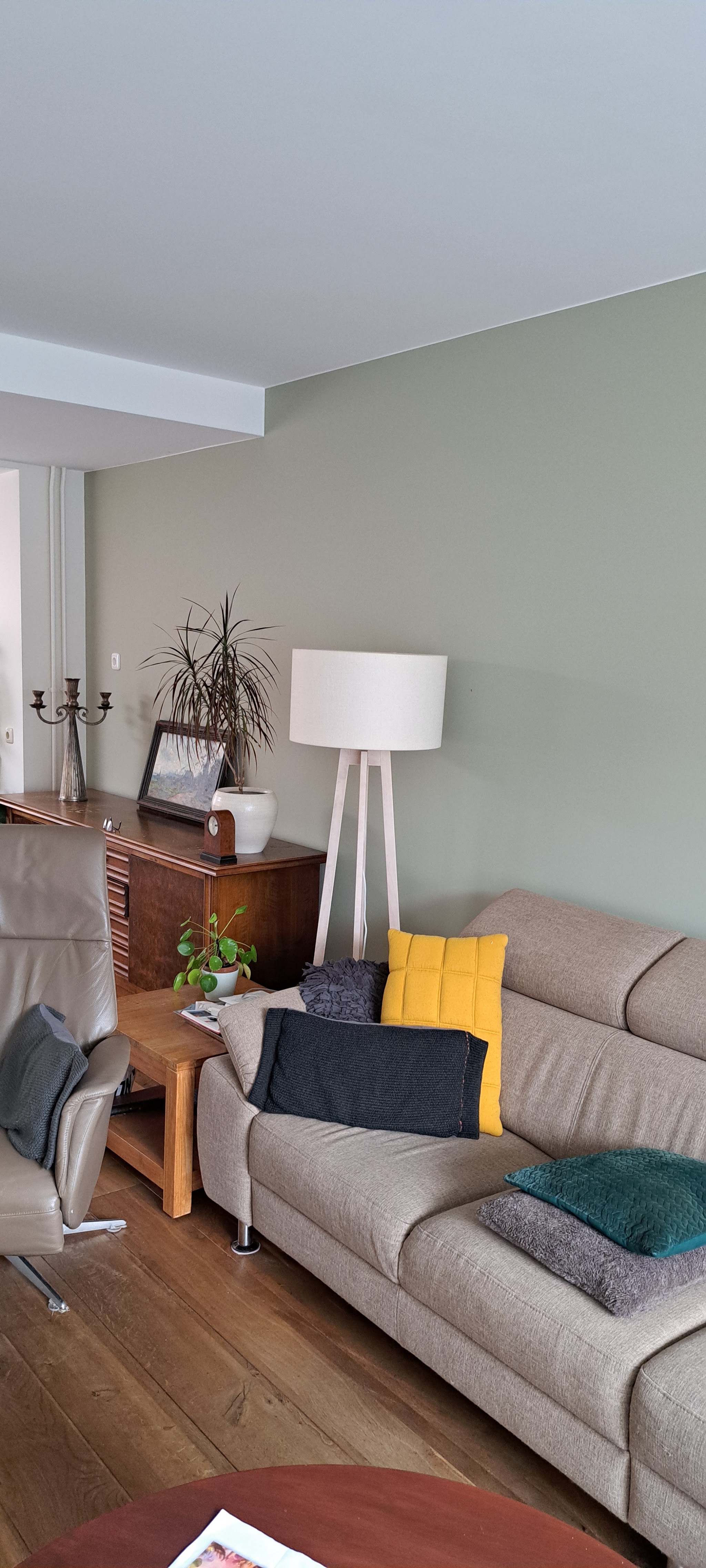 Woonkamer met zachtgroene wand na het schilderen